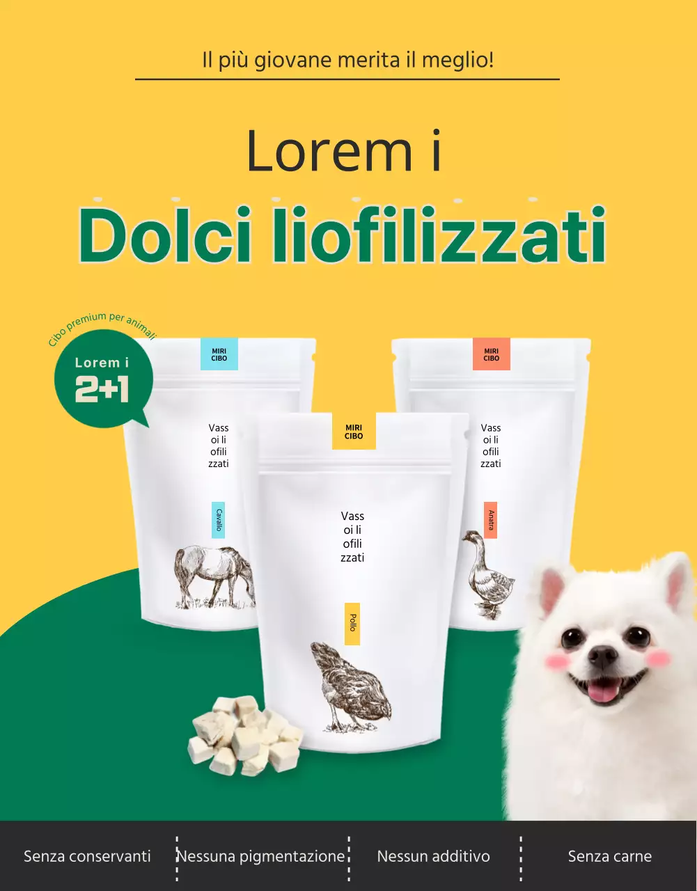 Simpatici bocconcini gialli e verdi per animali domestici
