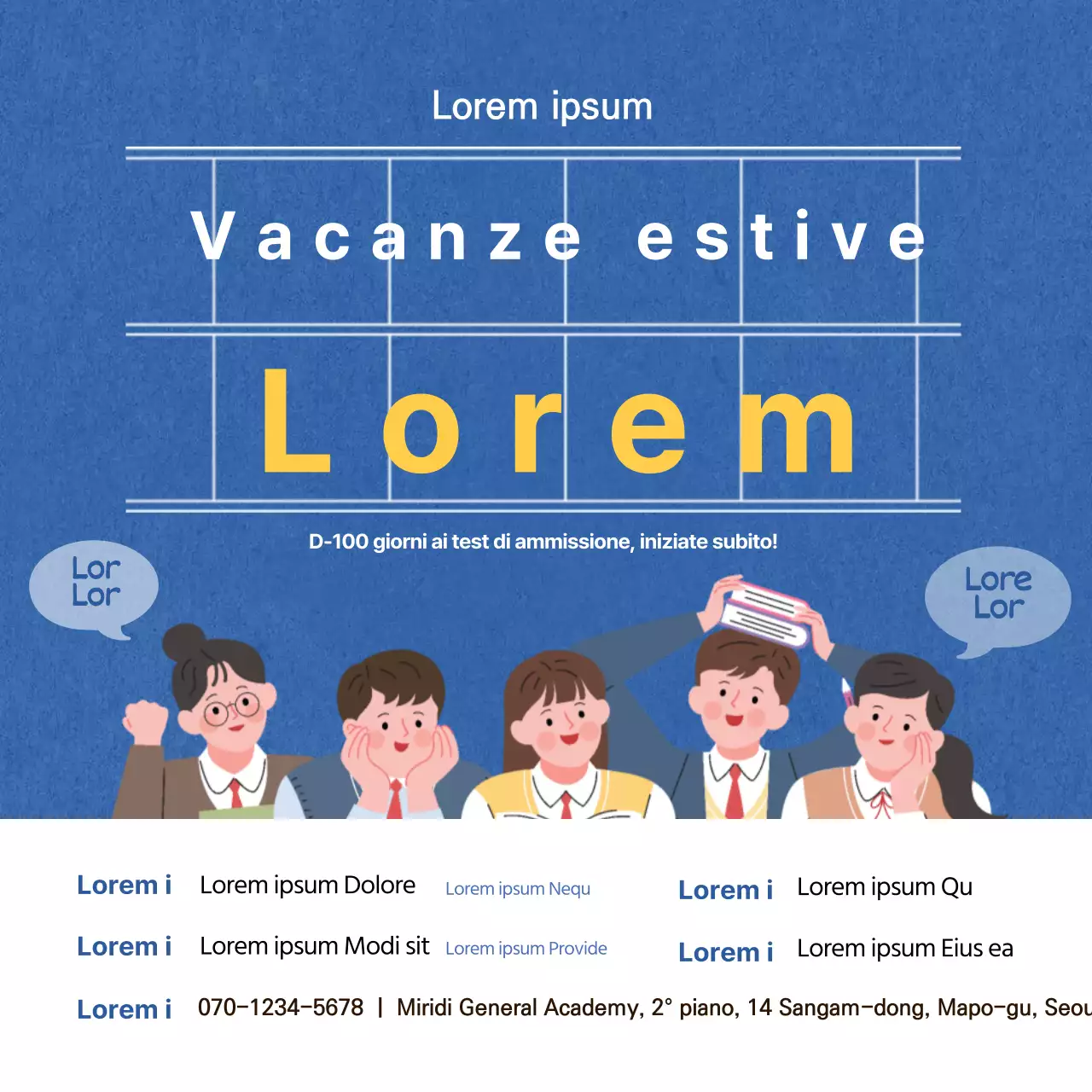 Uno striscione quadrato con un'illustrazione blu per promuovere una scuola estiva per i test di ammissione.