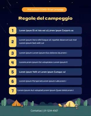 Istruzioni con illustrazioni di un campeggio notturno in blu marino