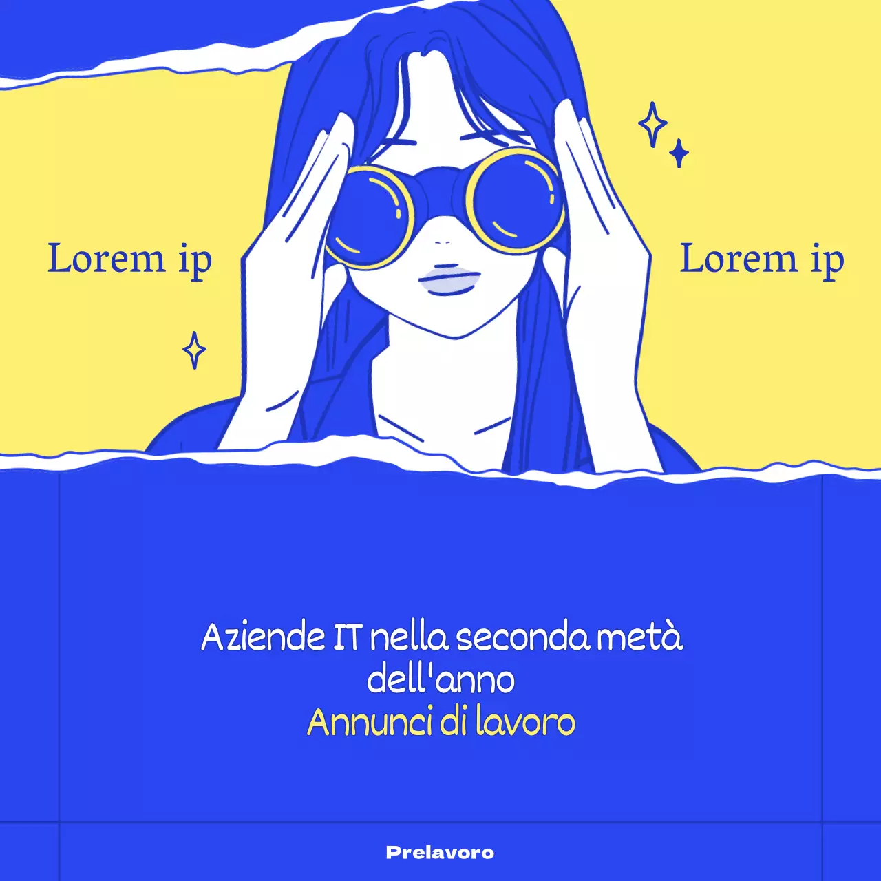 Annunci di lavoro aziendali con illustrazioni eleganti e alla moda in blu e giallo.