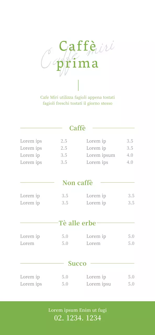 Menu del caffè semplice e pulito con prezzi in verde chiaro e bianco