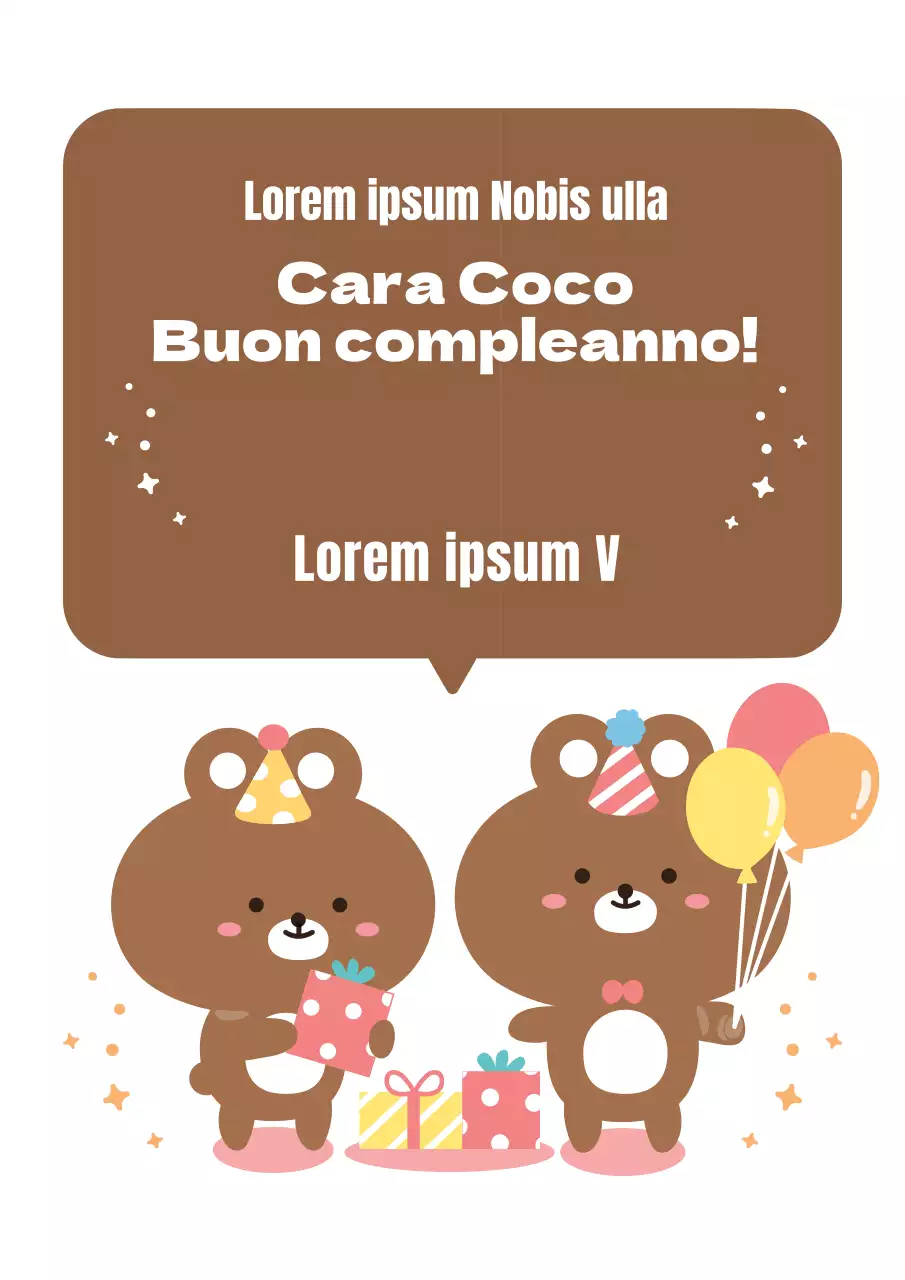 Simpatica festa di compleanno con un personaggio orsacchiotto che festeggia un compleanno marrone