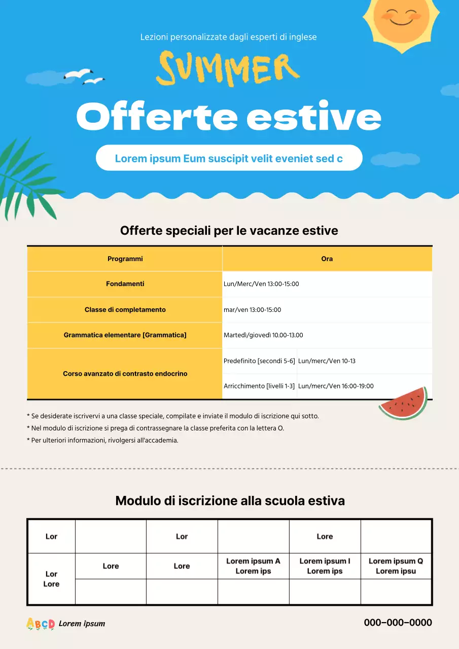 Sfondo estivo in blu e giallo Annuncio delle offerte speciali per le vacanze estive