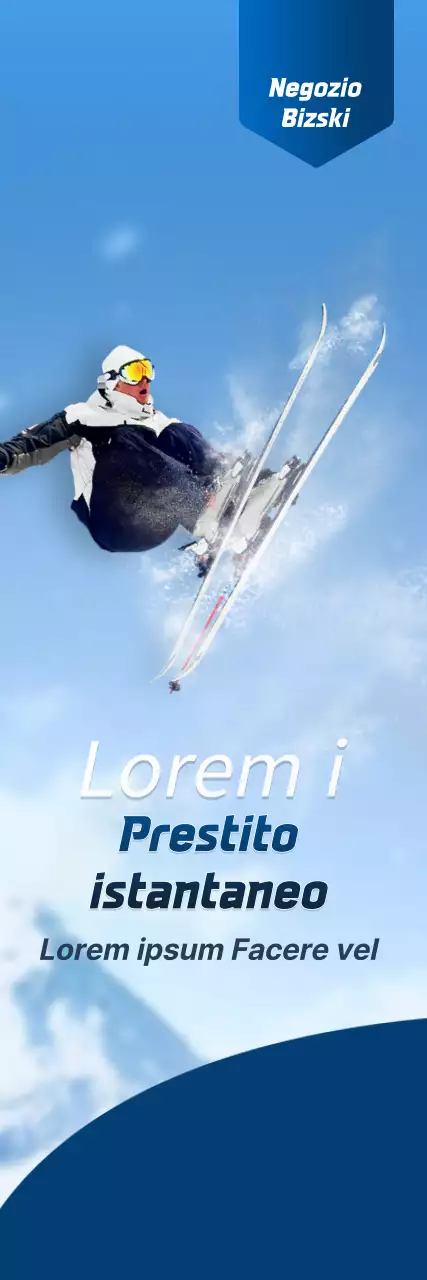 Un negozio di sci con un concetto semplice in blu navy e bianco per le informazioni e la promozione del negozio.