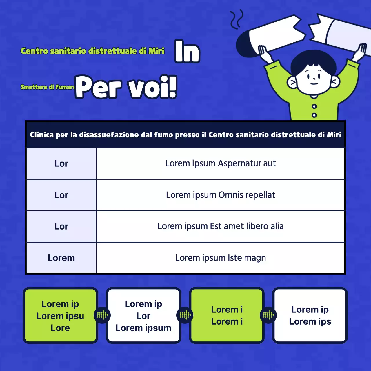 Semplice illustrazione di carattere in blu e chartreuse che introduce una clinica sanitaria senza tabacco.