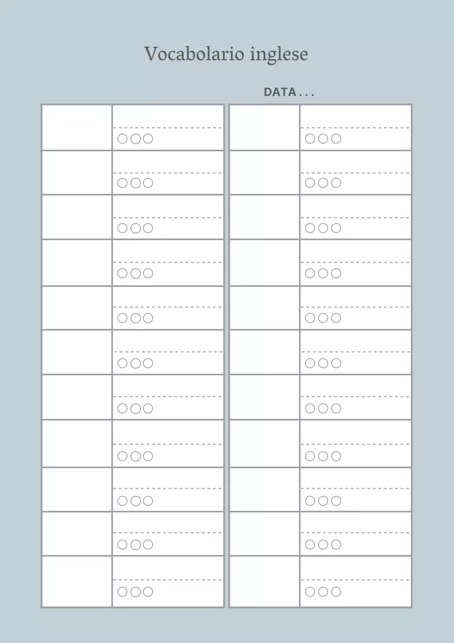 Poster di design della tabella del vocabolario inglese semplice di colore blu chiaro