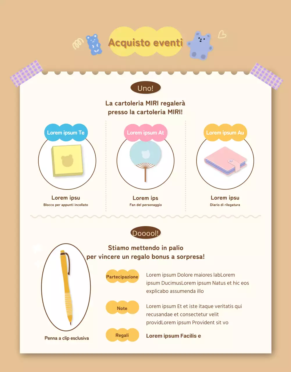 Scatola casuale di simpatici articoli di cancelleria Daku in beige e marrone