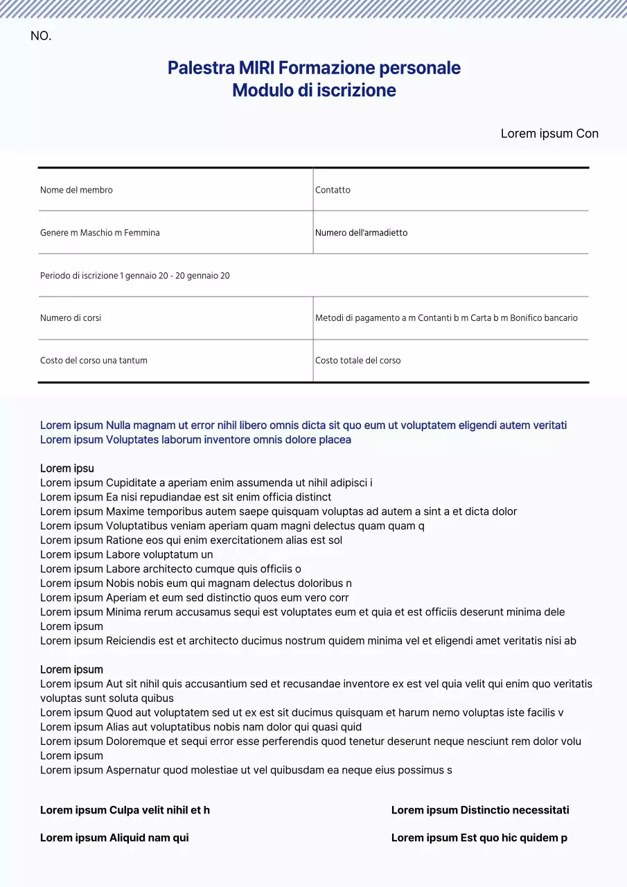 Il modulo di iscrizione al fitness blu