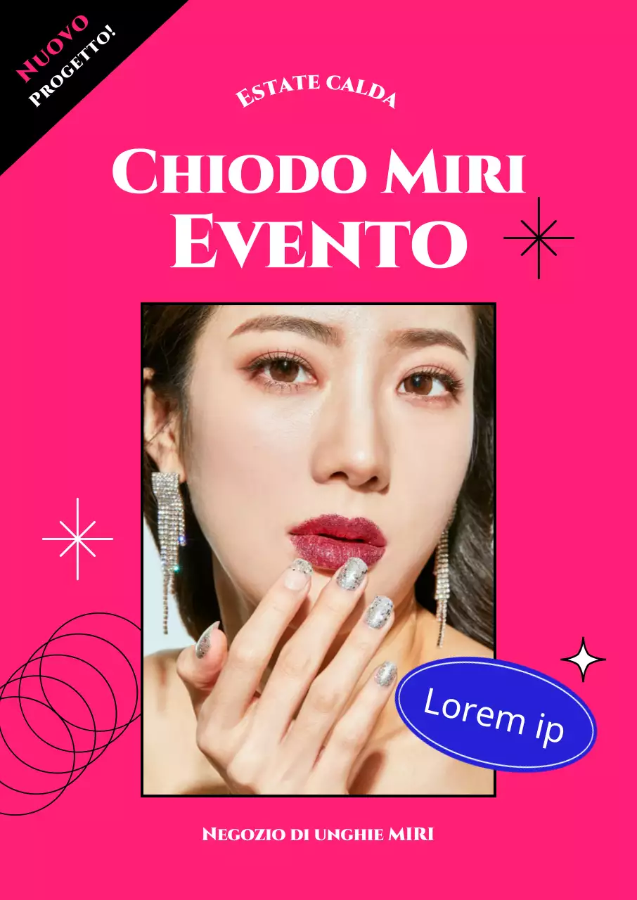 Una vendita di unghie glamour in una cornice con un'illustrazione a linee su uno sfondo rosa caldo.