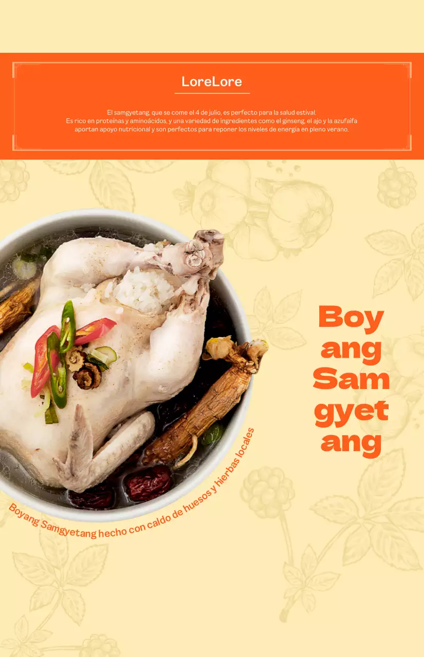 Bo-yang Samgyetang con un vibrante fondo naranja e ilustraciones coreanas