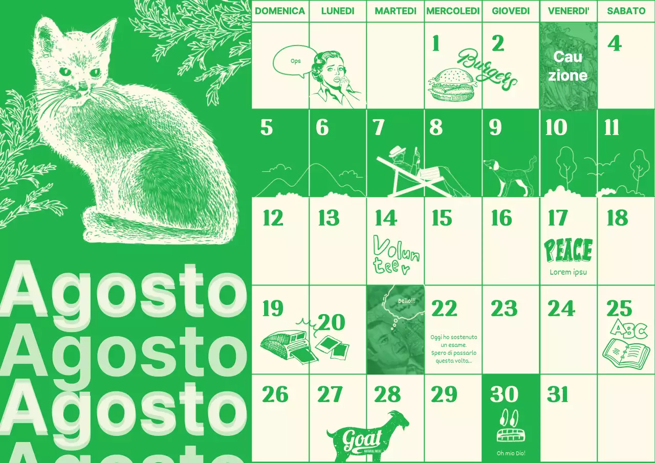 Calendario sentimentale illustrato d'epoca con sfondo verde