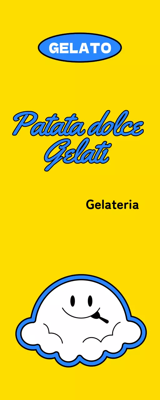 Promuovere una gelateria di concetto con un'illustrazione di un personaggio di gelato giallo e blu