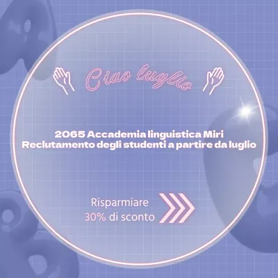 Insegne al neon viola e rosa per promuovere gli sconti delle scuole di lingua