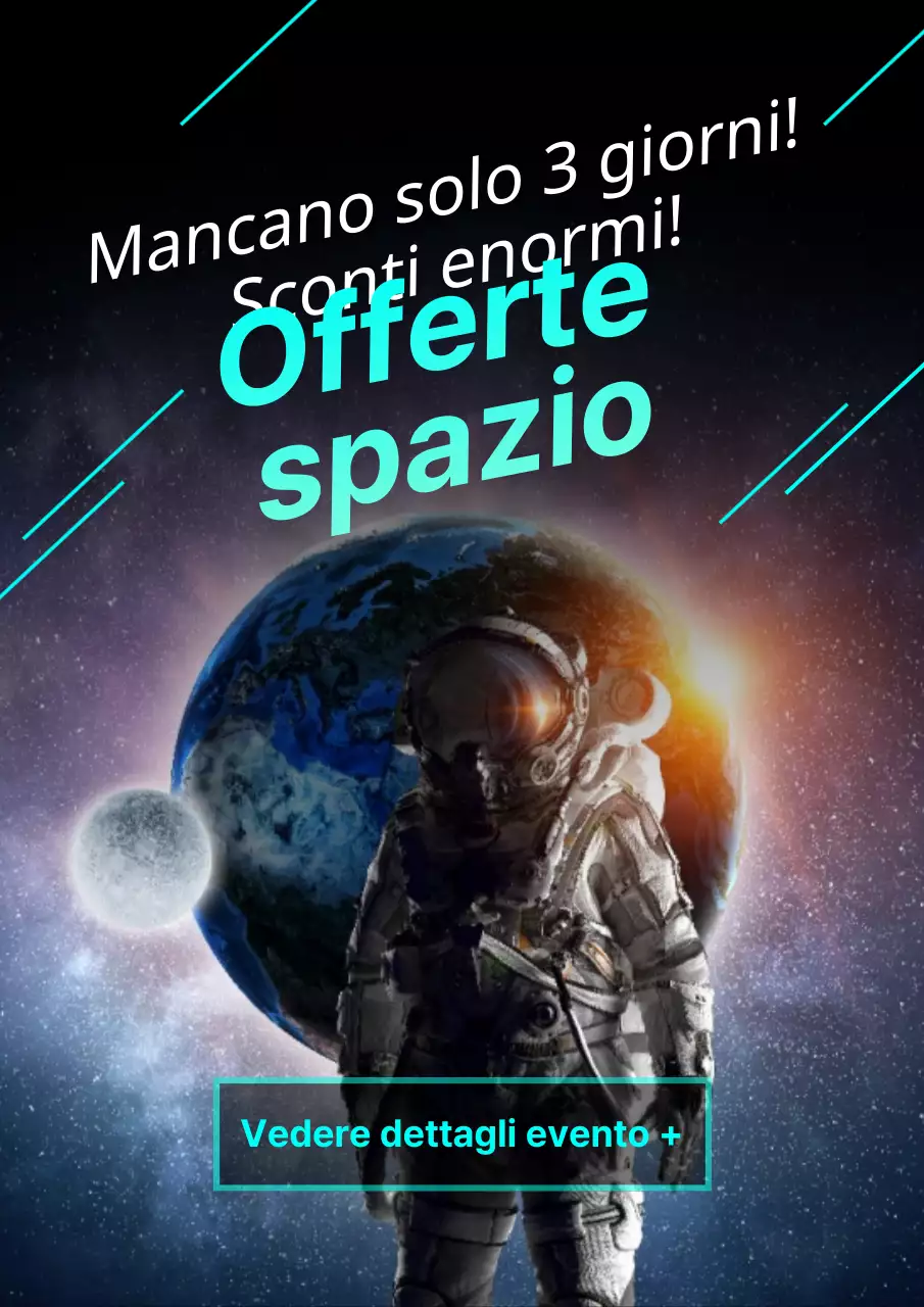Volantino che promuove un'appariscente svendita in nero e azzurro in un centro commerciale