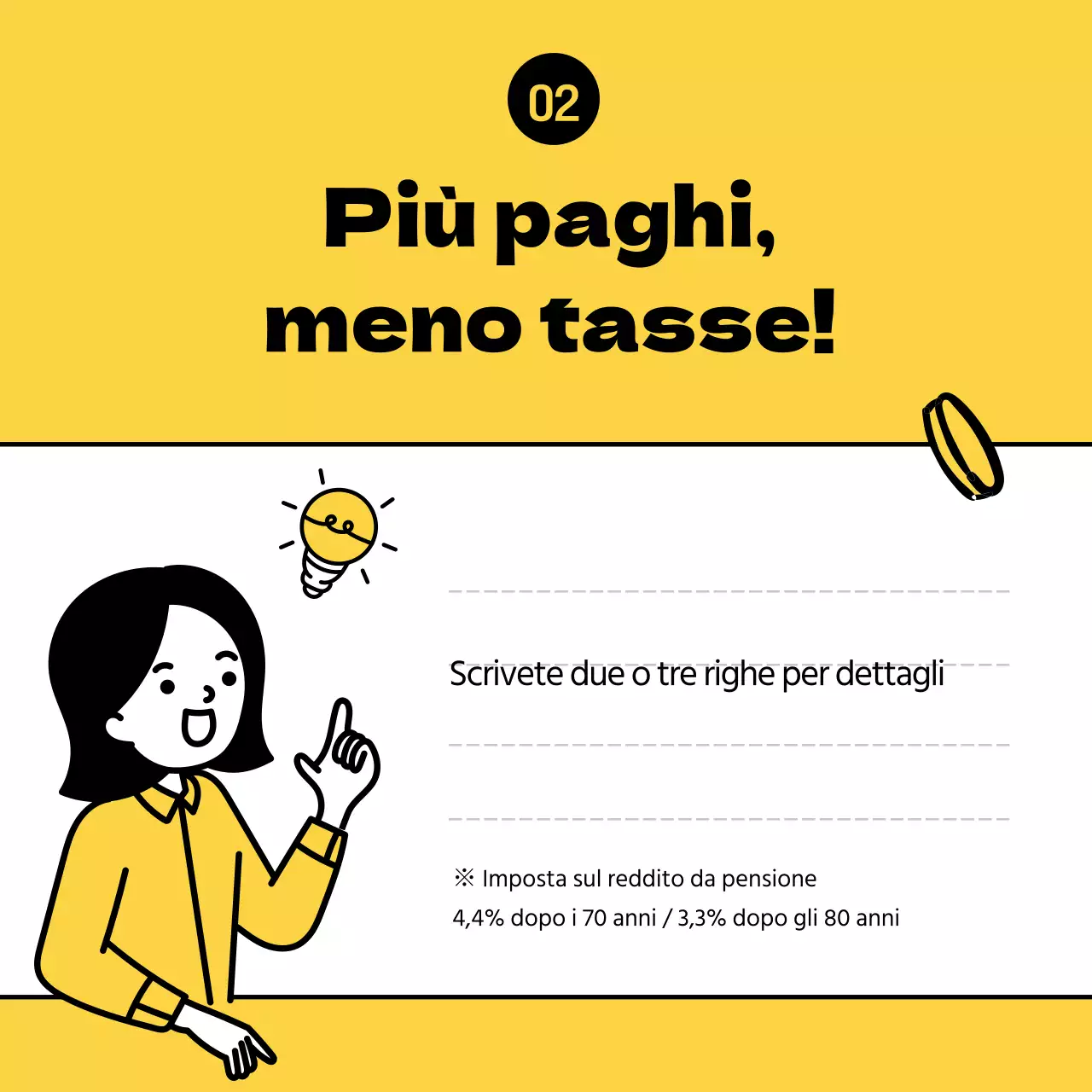 Illustrazioni chiare e gialle evidenziano i consigli di risparmio fiscale per i pensionati