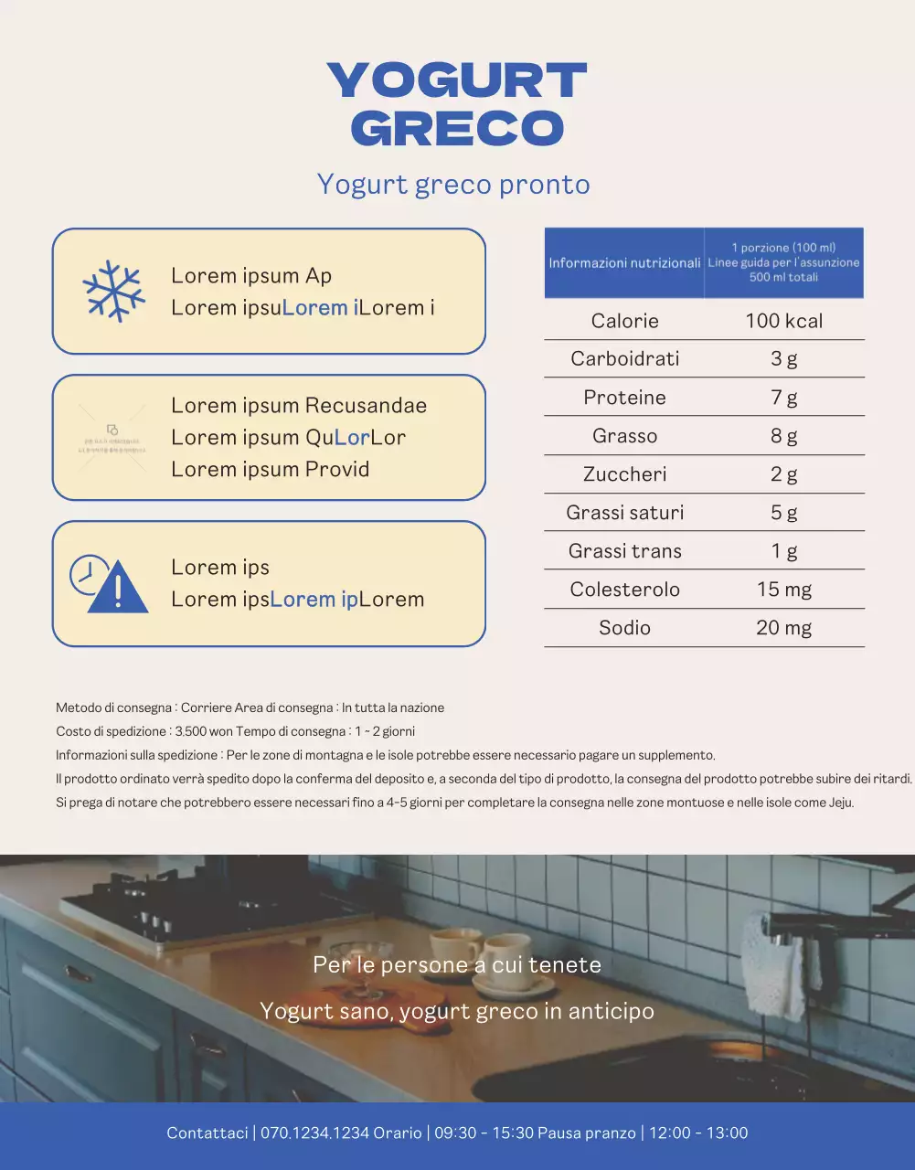 Pagina di dettaglio yogurt greco blu giallo vivido e pulito