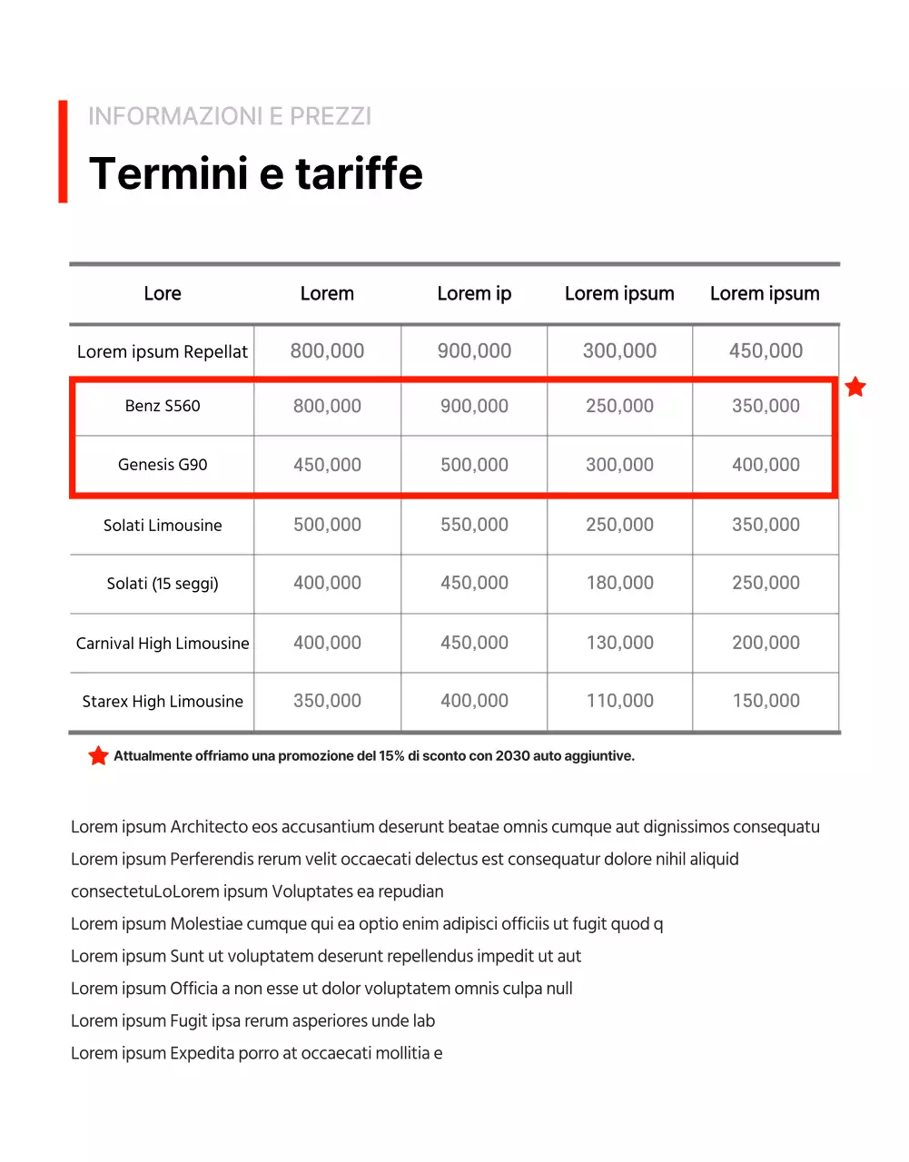 Pagina di dettaglio della promozione limousine semplice e a punti rossi