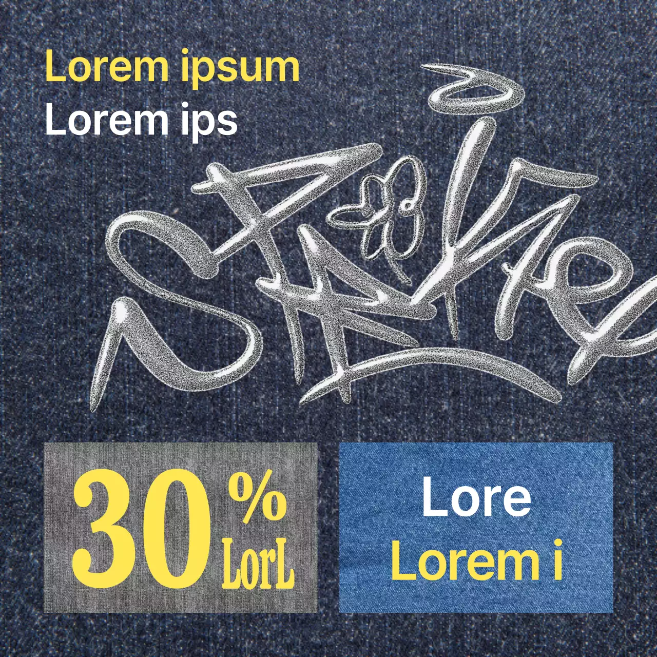 Una calligrafia primaverile argentata su uno sfondo blu denim promuove una vendita alla moda