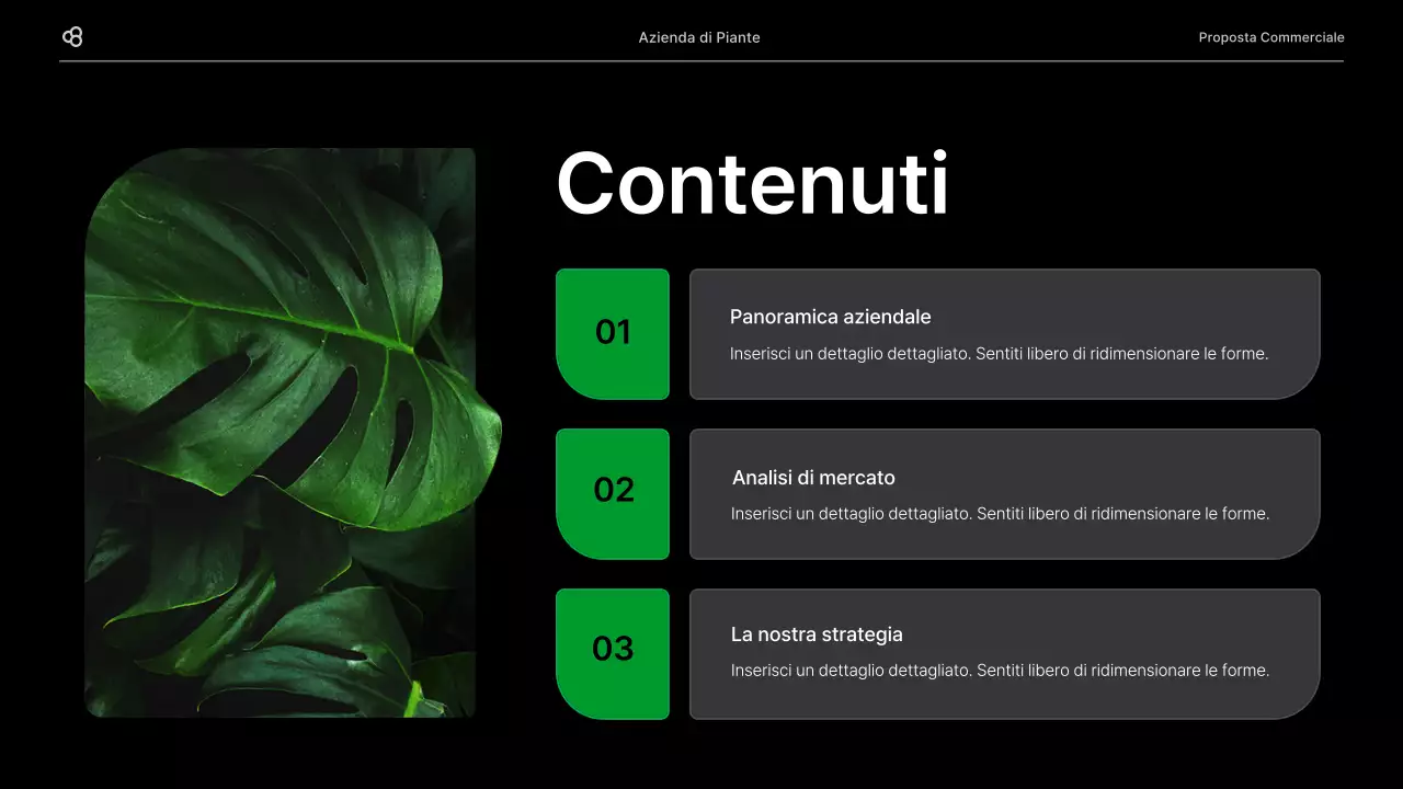 Proposta di business per un'attività commerciale con un concetto di foglia naturale nera e verde