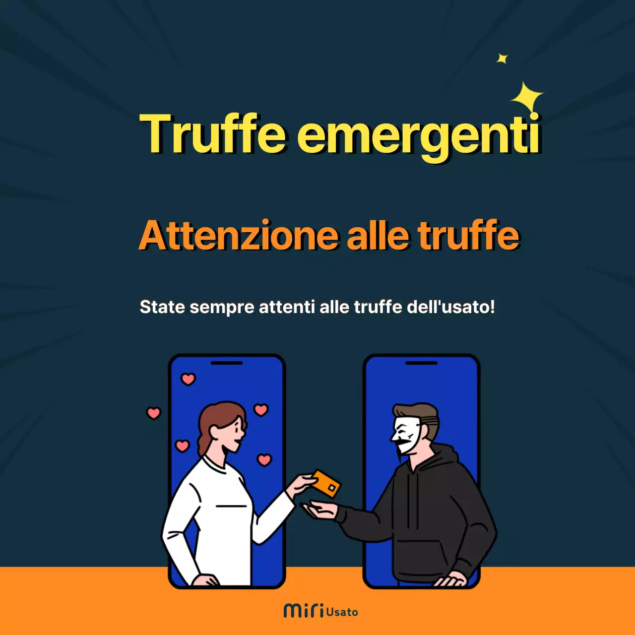 Schema di frode dell'usato di colore arancione e marinoTipoCardNews