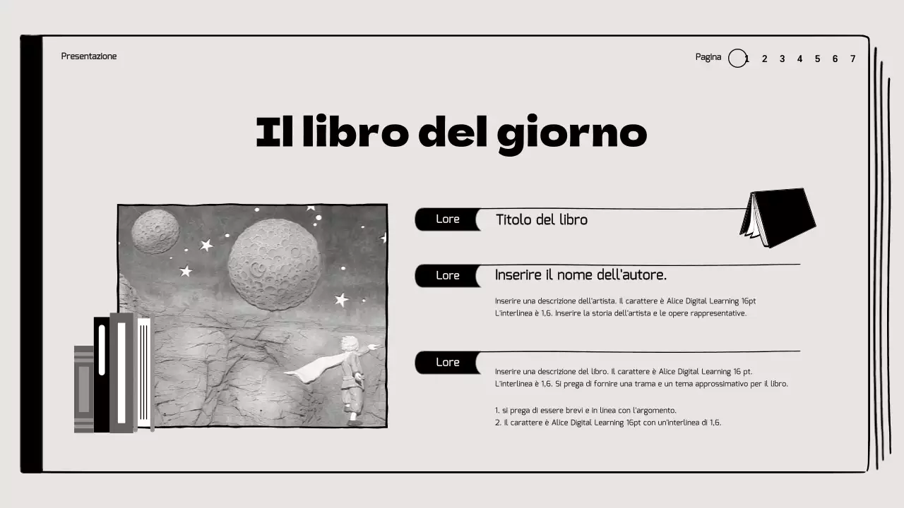 Discussione del libro in classe con evidenziazione delle illustrazioni di disegno in beige e nero