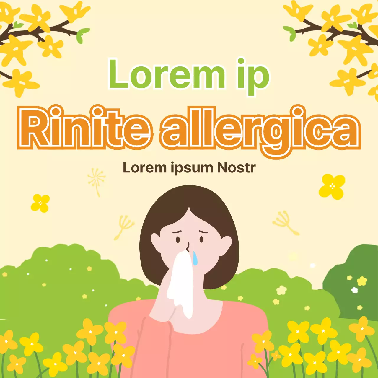 Un'illustrazione calda, fresca e primaverile nei colori pastello giallo e chartreuse per aiutare a prevenire la rinite allergica durante la stagione primaverile.