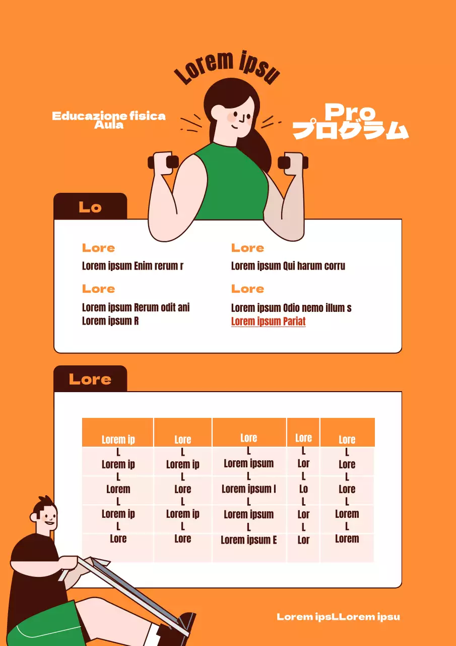 Tema concettuale arancione verde per il programma della classe di ginnastica con illustrazioni e tabelle semplici