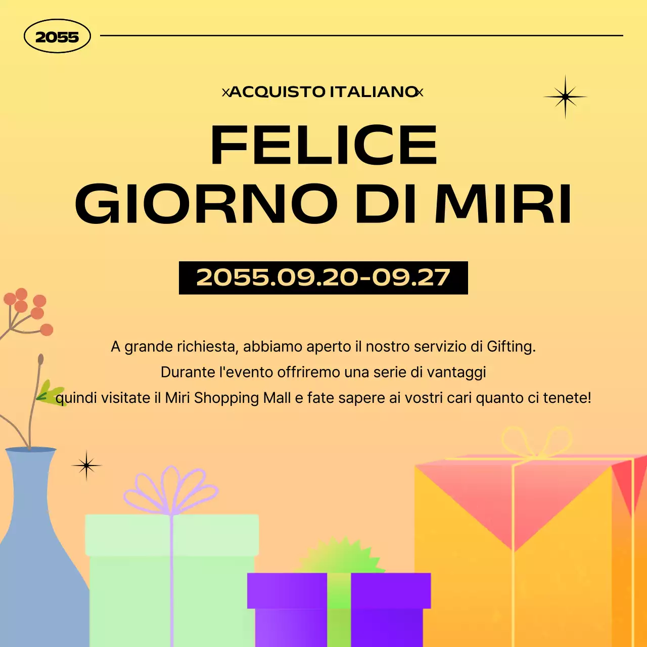 Semplice annuncio di promozione di un evento regalo in giallo e arancione