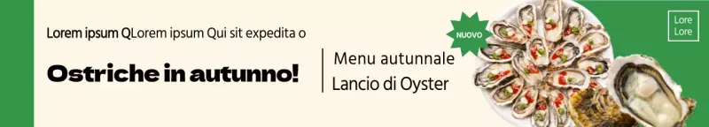 Attività di ristorazione stagionale autunnale con un layout pulito e statico e foto di ostriche, accentuate con il verde