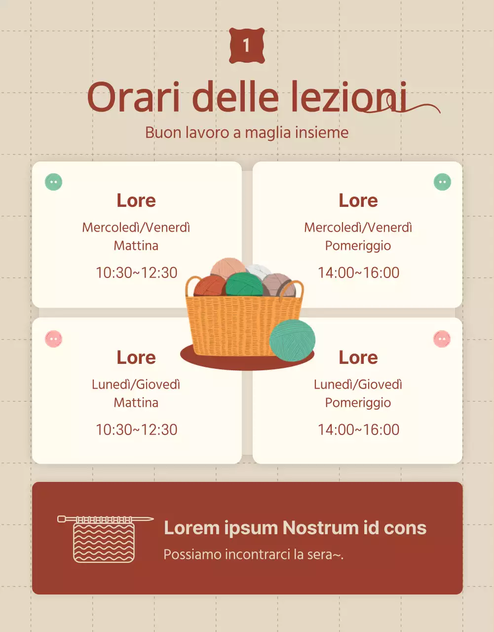 Promuovere il reclutamento per un corso di maglia in beige e rosso.