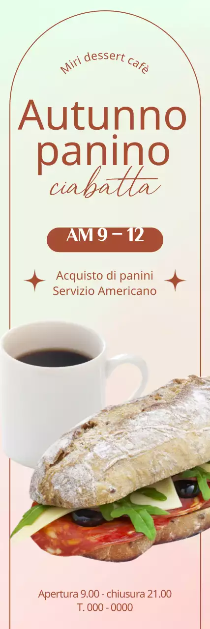 Banner con foto di un panino e di un caffè su sfondo sfumato