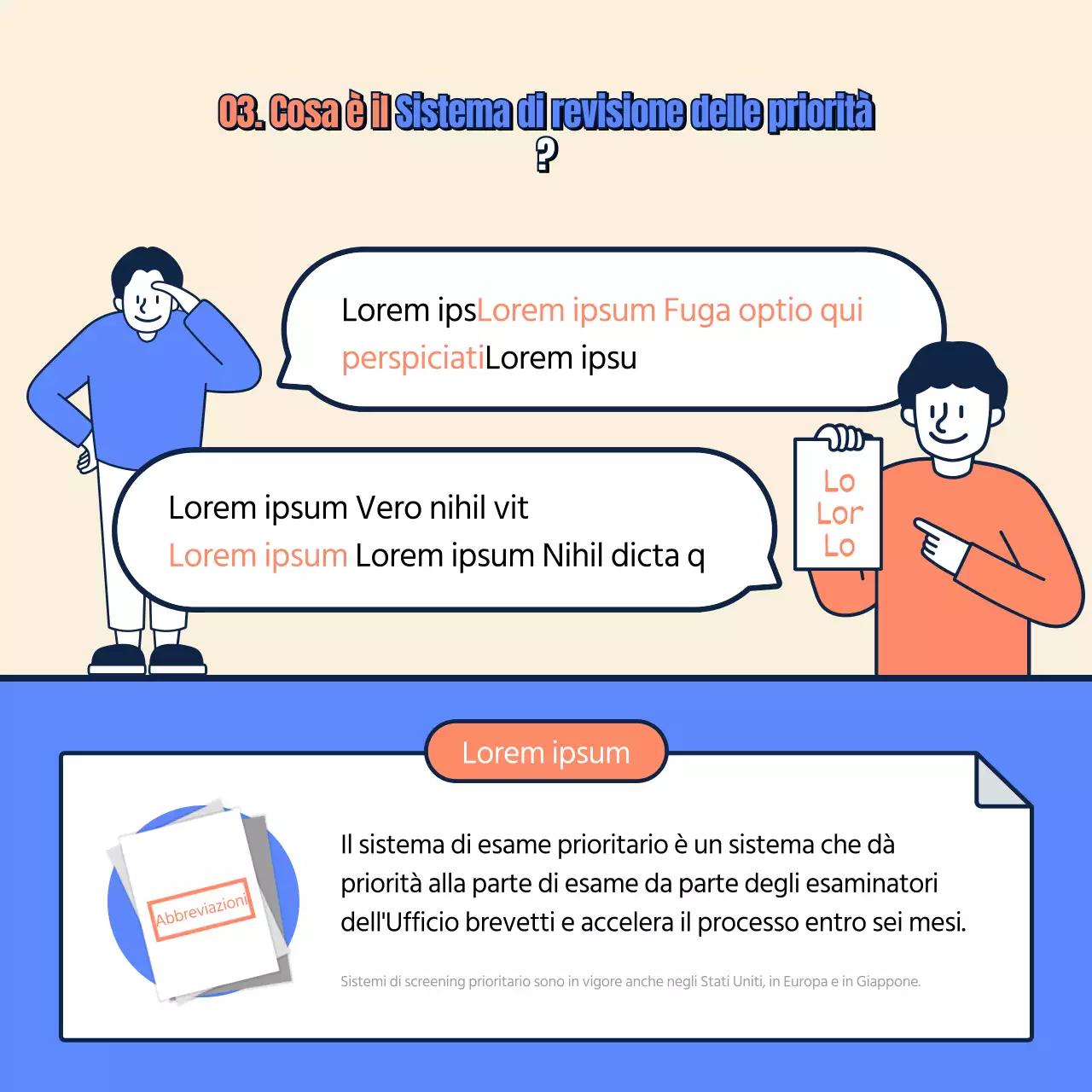 Scheda informativa sulla domanda di brevetto in beige, blu e arancione Novità