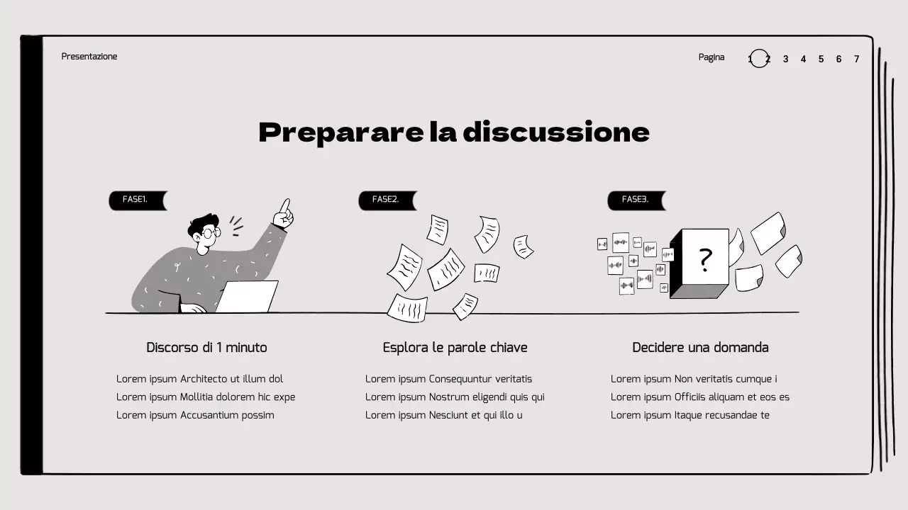 Discussione del libro in classe con evidenziazione delle illustrazioni di disegno in beige e nero