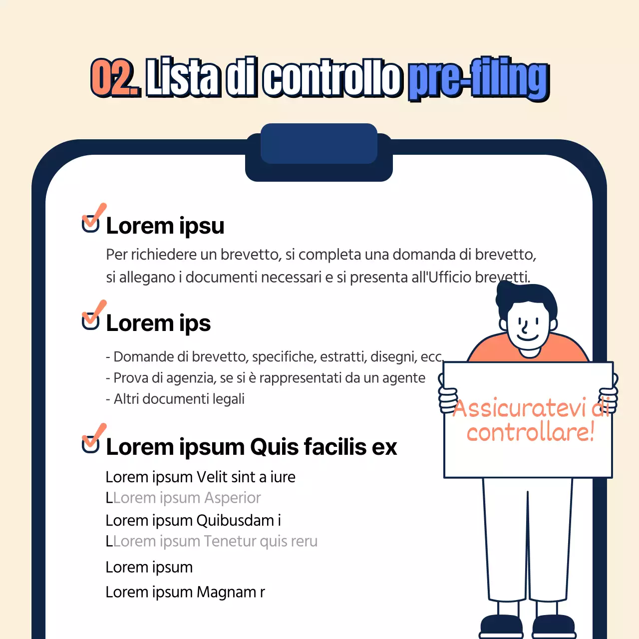 Scheda informativa sulla domanda di brevetto in beige, blu e arancione Novità