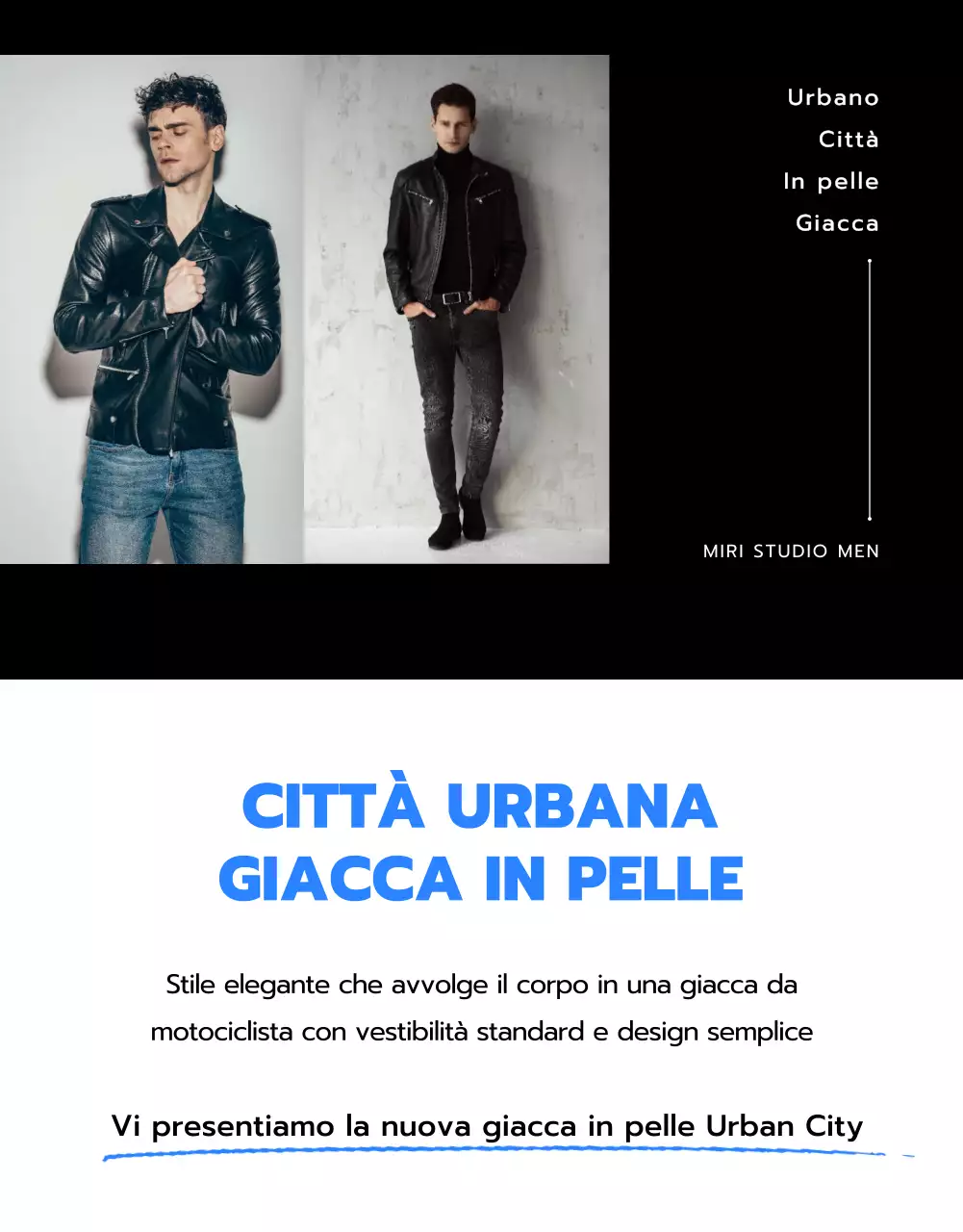Negozio di giacche di pelle con layout di immagine nero e blu