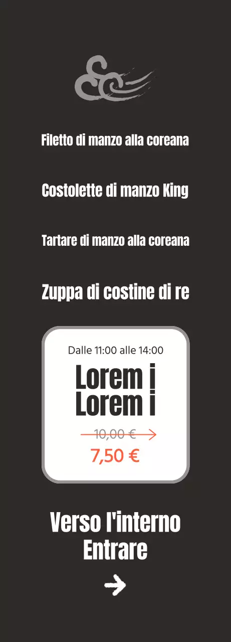 Promuovete un ristorante pulito di ispirazione coreana con immagini di carne coreana su sfondo nero.