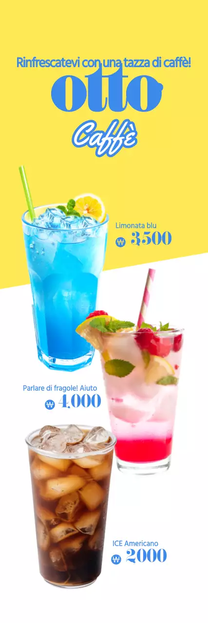 Un banner promozionale di facile lettura con testo e illustrazioni fotografiche di bevande estive per un caffè otto in colori freschi.