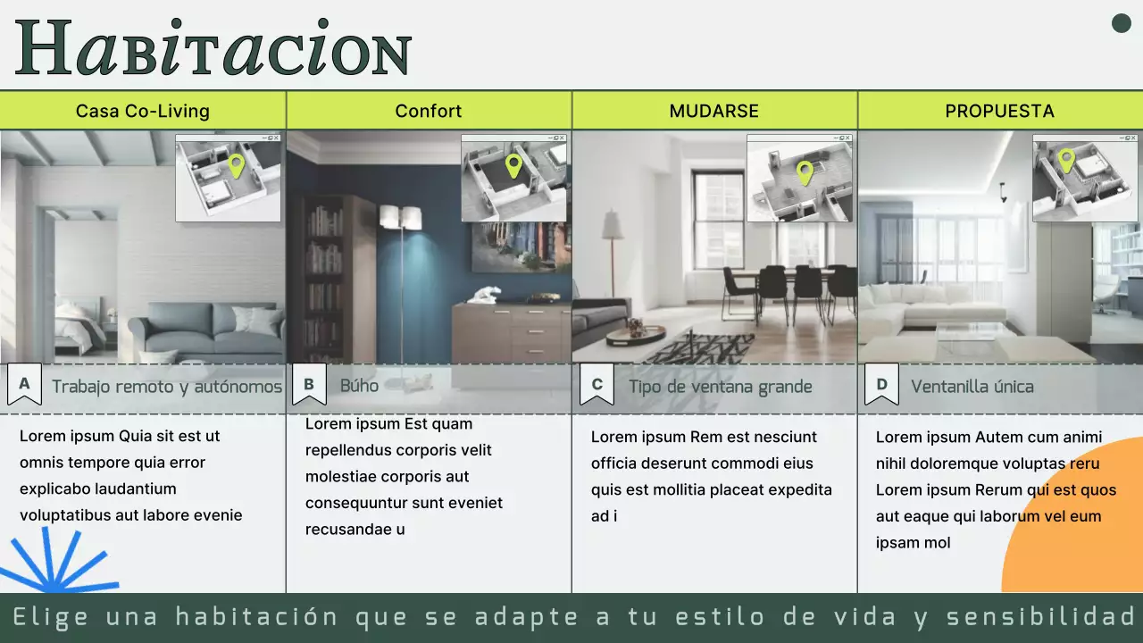 Propuesta de vivienda compartida con fotos y líneas verdes atenuadas