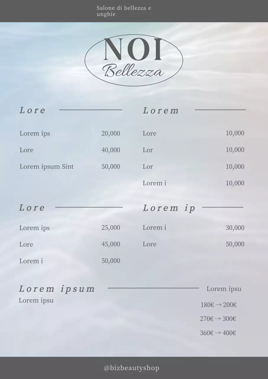 Locandina del menu in font grigio con sfondo di onde mistiche