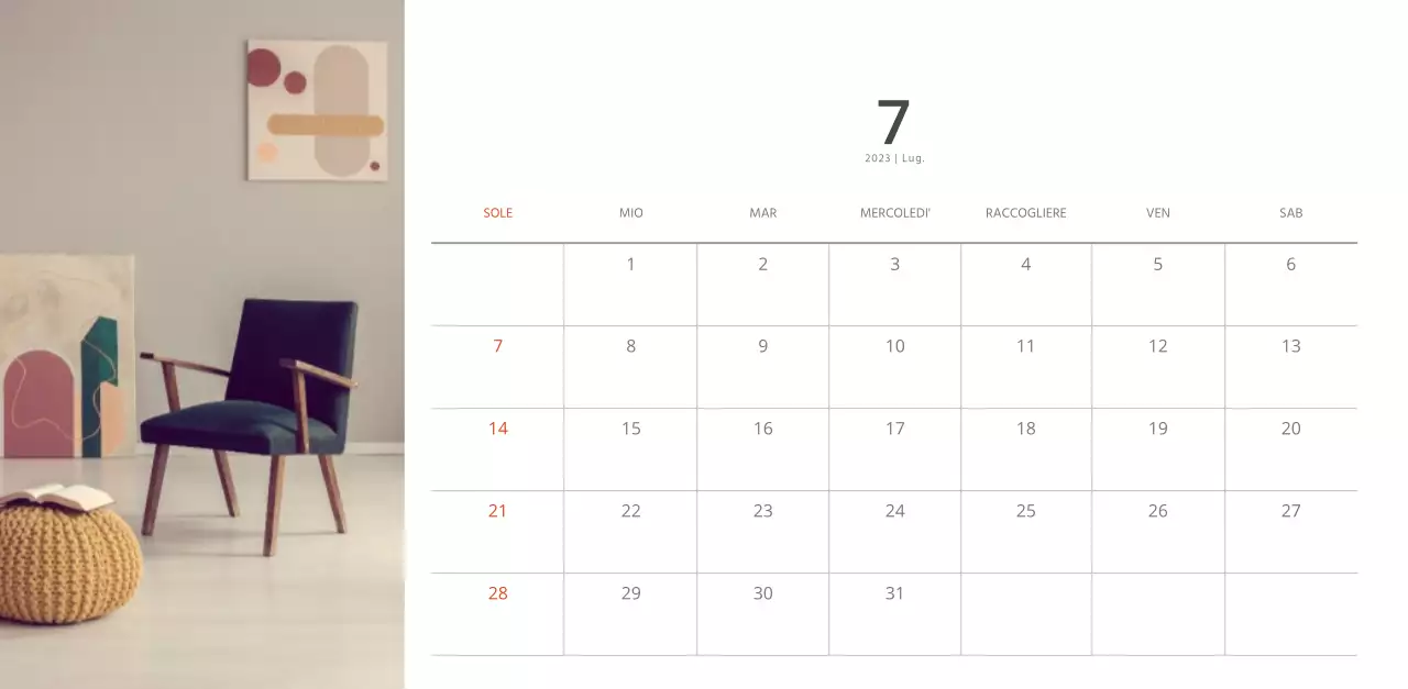 Calendario di interior design in stile bianco e pulito