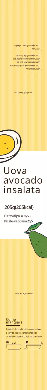 Etichetta illustrata gialla per l'insalata di uova e avocado