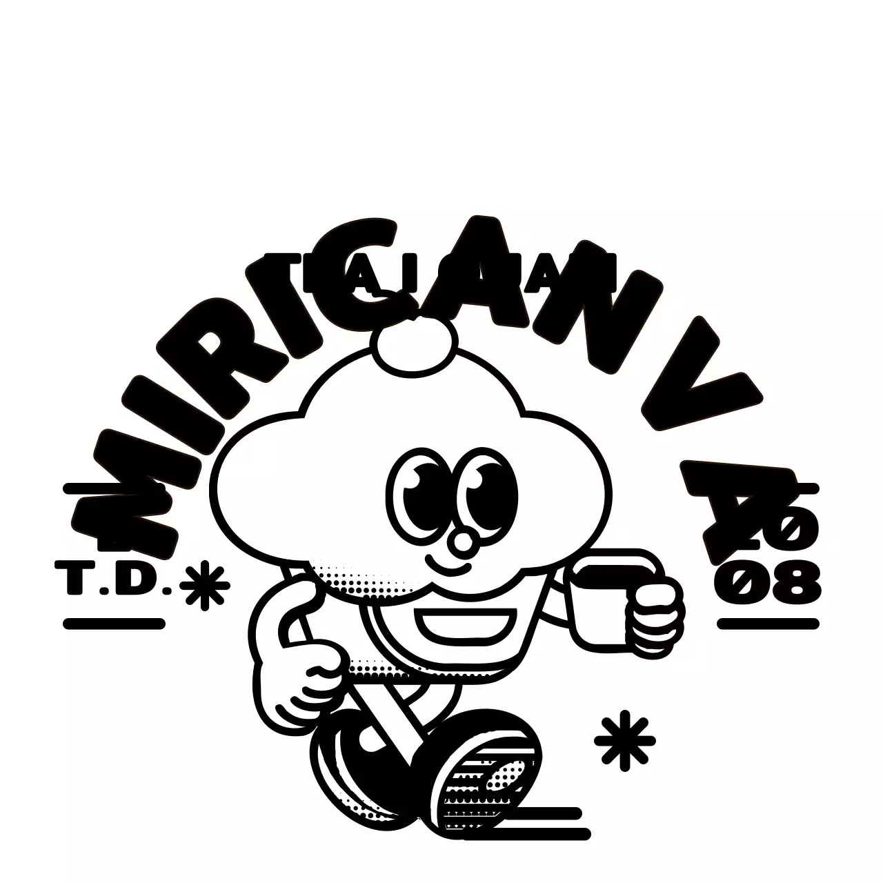 Personaggio carino e alla moda di un cupcake e combinazione di testo del logo per la promozione e il merchandising di un caffè.