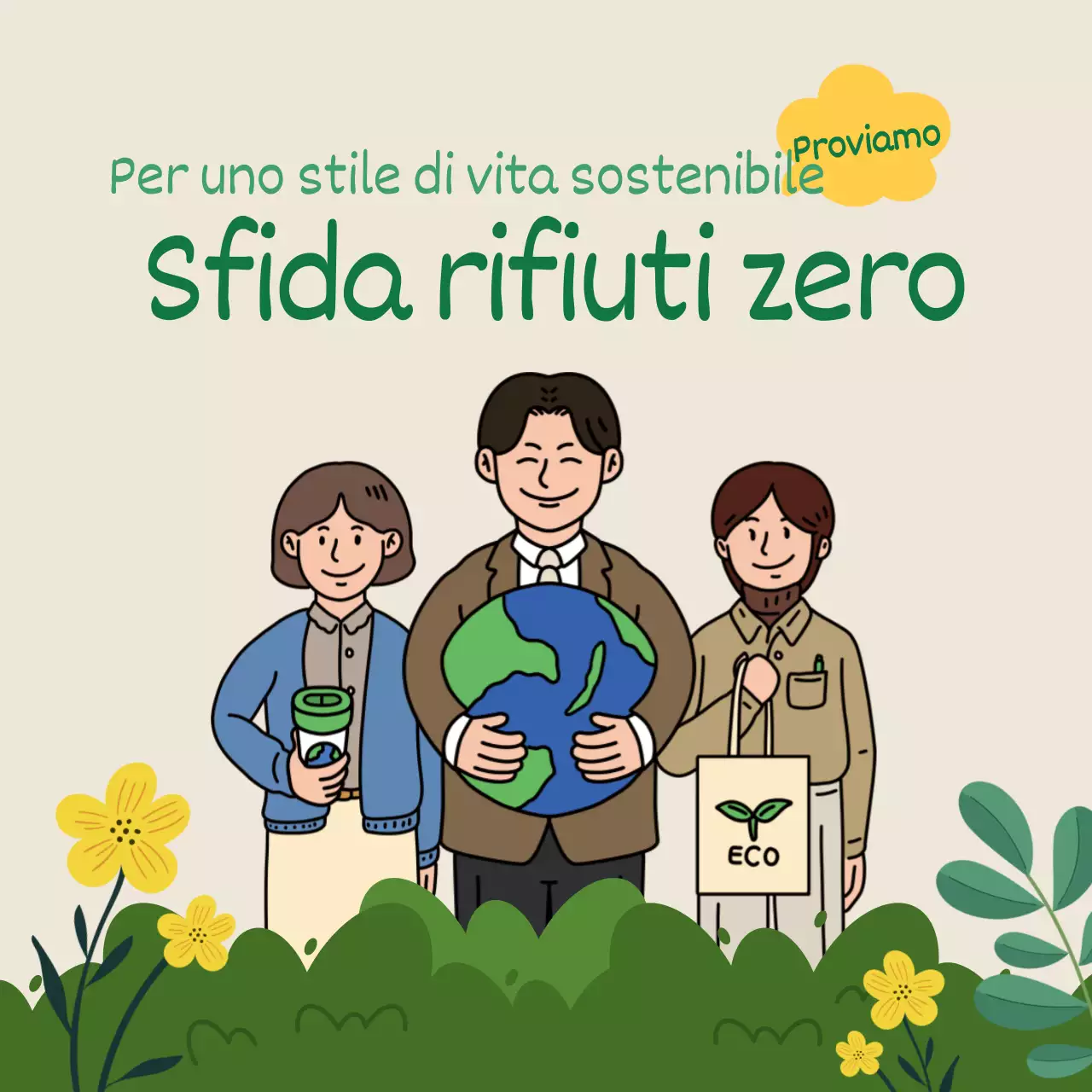 Sfida plastic free con illustrazione di un impiegato ecologico