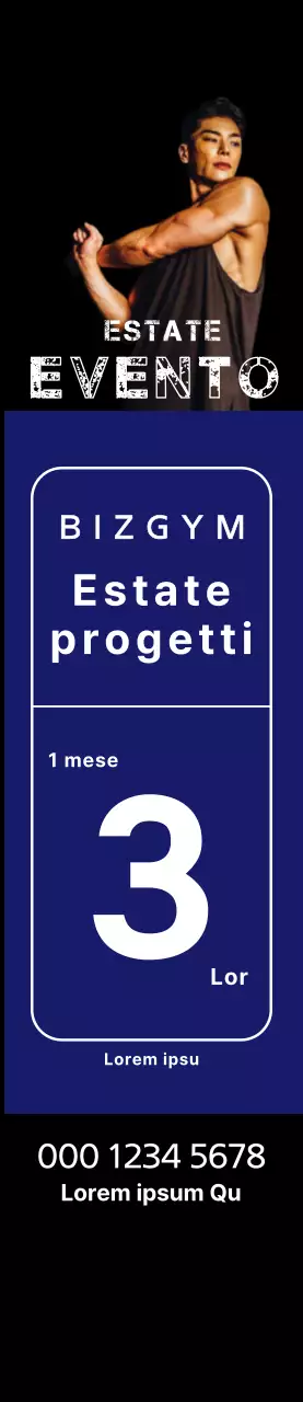 Striscione per eventi estivi con quadrati blu e un uomo atletico su sfondo nero