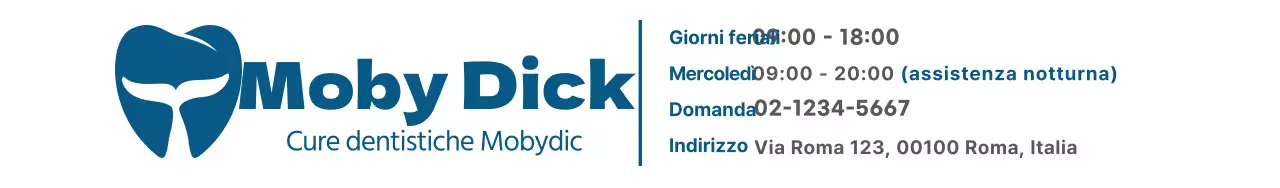 Design semplice con logo dentale blu scuro, nome dello studio e dettagli dello studio.
