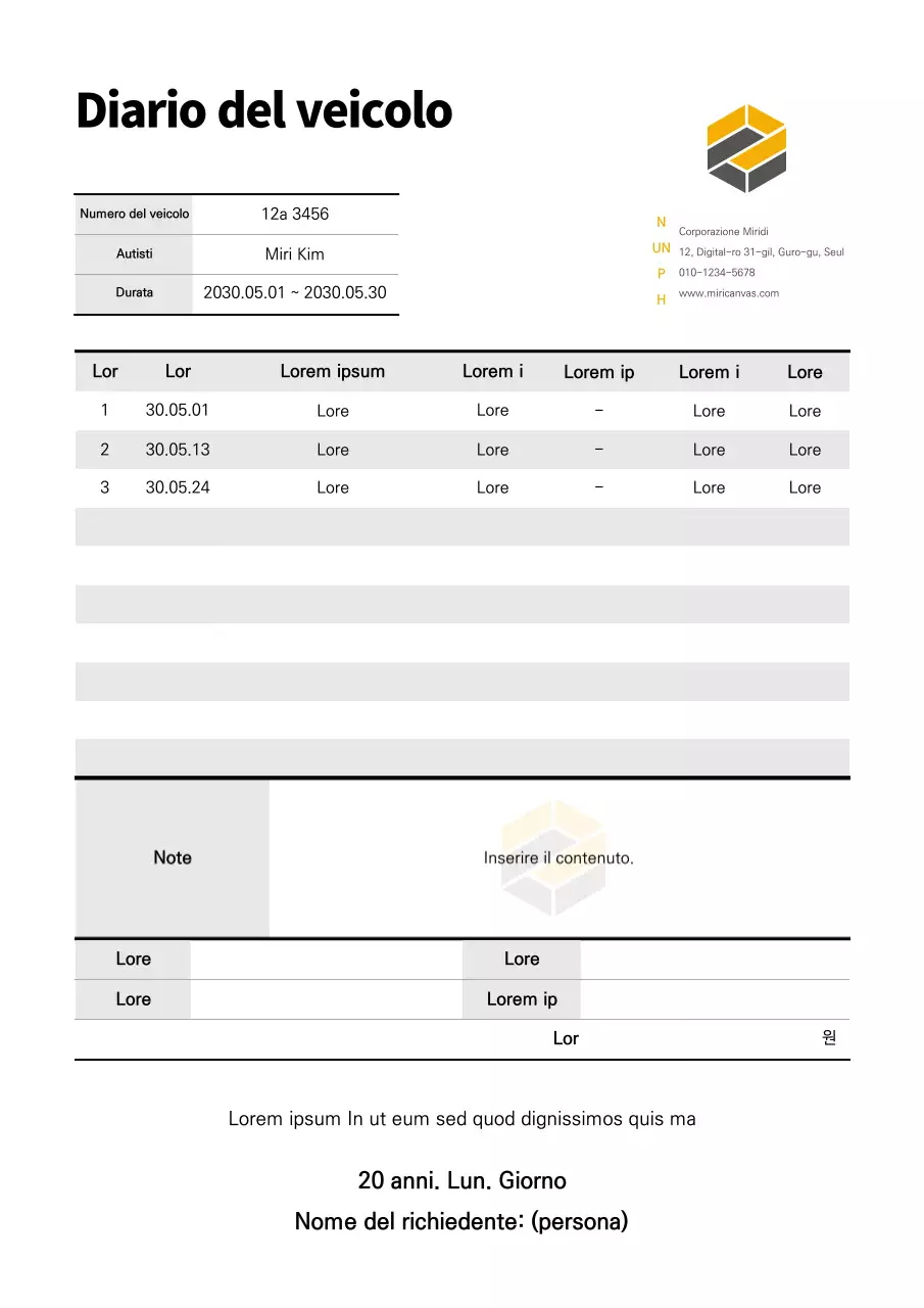 Modello di registro nero dei veicoli aziendali