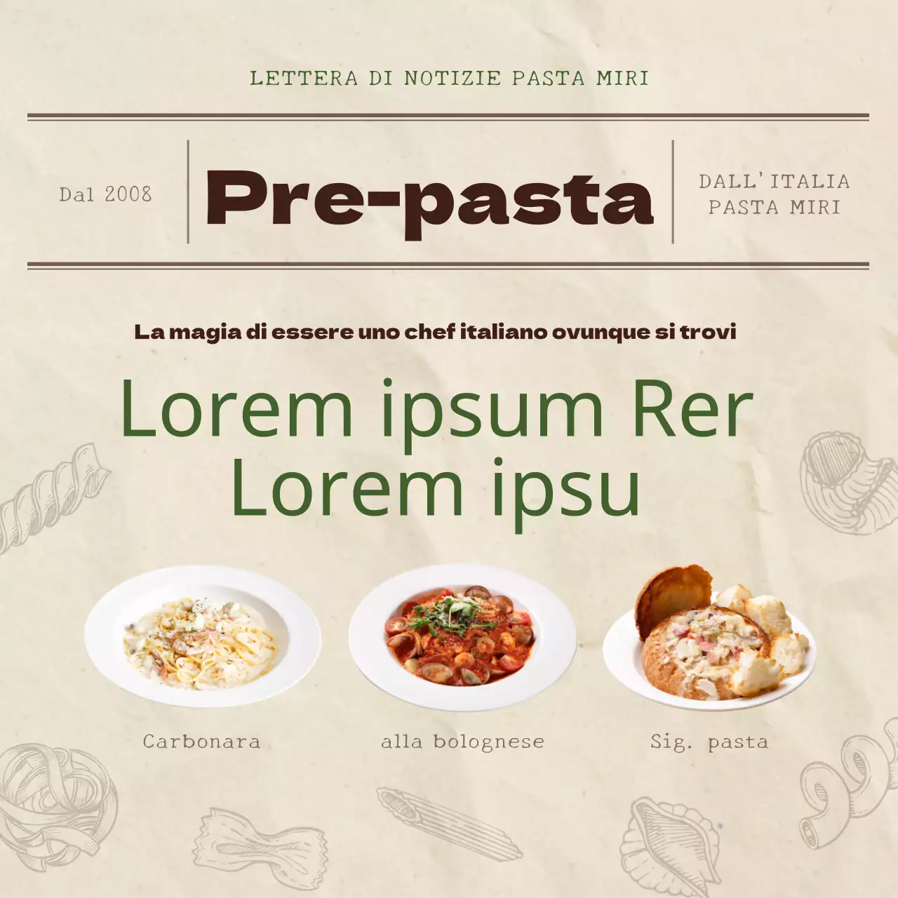 Promuovere il nuovo menu del Pasta Meal Kit con un'atmosfera beige e vintage.