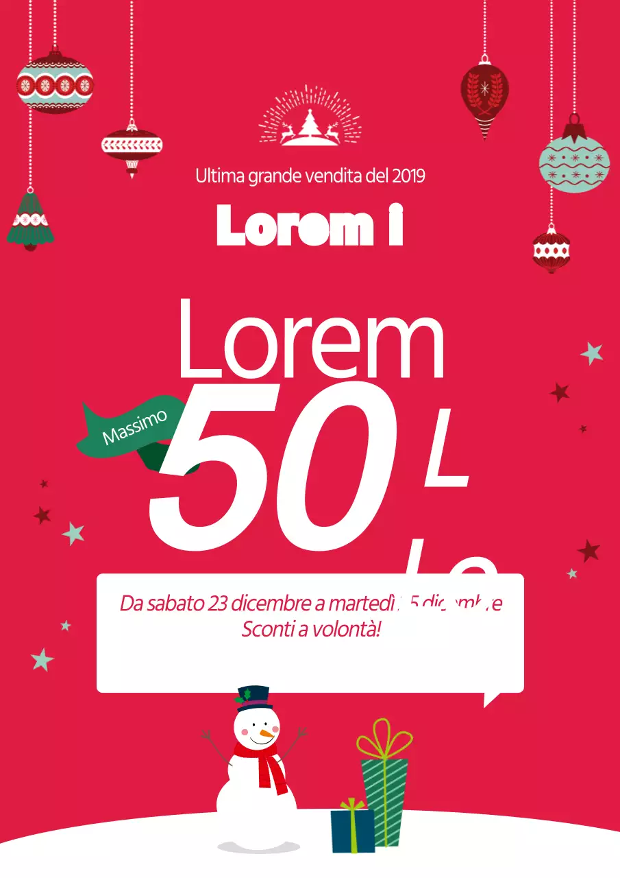 Promuovete una grande vendita con l'illustrazione di un pupazzo di neve rosso e di ornamenti per l'albero