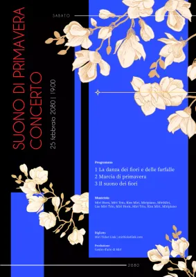 Promuovete un concerto di primavera con un'audace enfasi di cornici nere e blu.