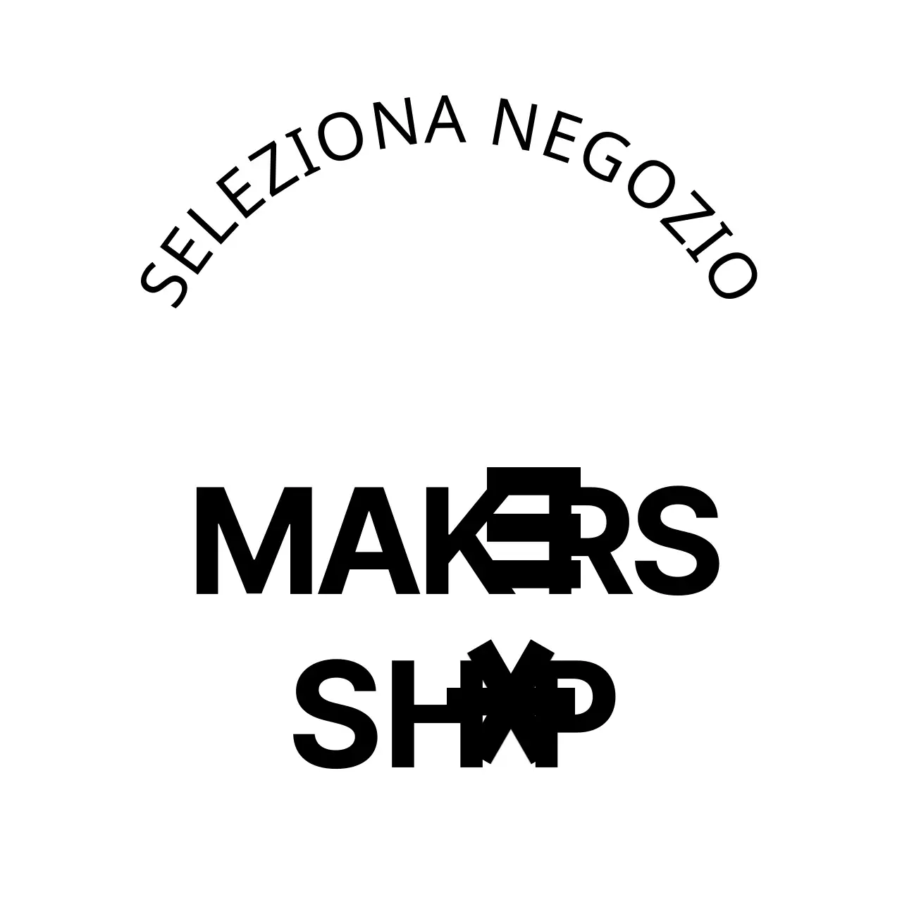 Una semplice insegna di negozio con testo e forme editoriali nere.